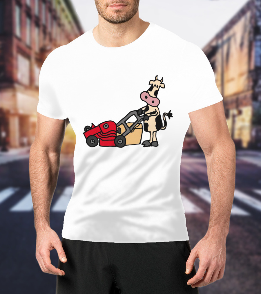 Funny Cow Mowing Grass Cartoon With Red Lawn Mower T-Shirt