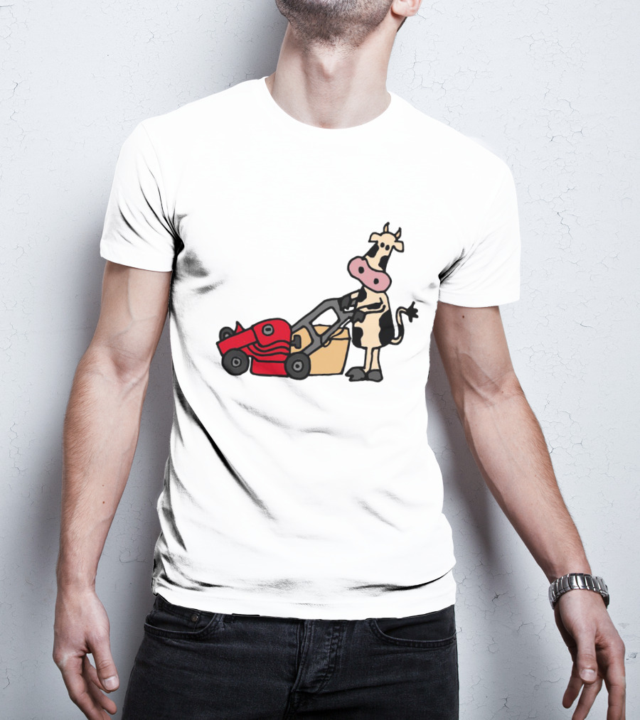 Funny Cow Mowing Grass Cartoon With Red Lawn Mower T-Shirt