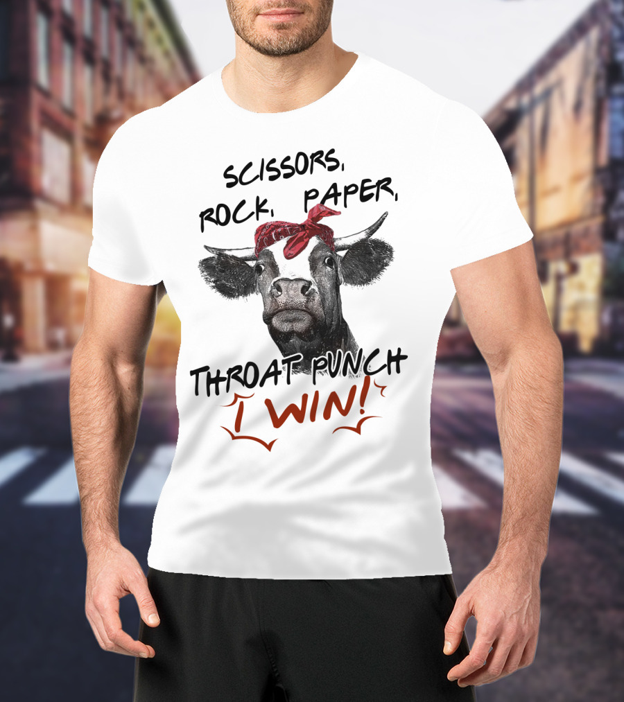 Scissors Rock Paper Throat Punch I Win Funny Cow Bandana T-Shirt