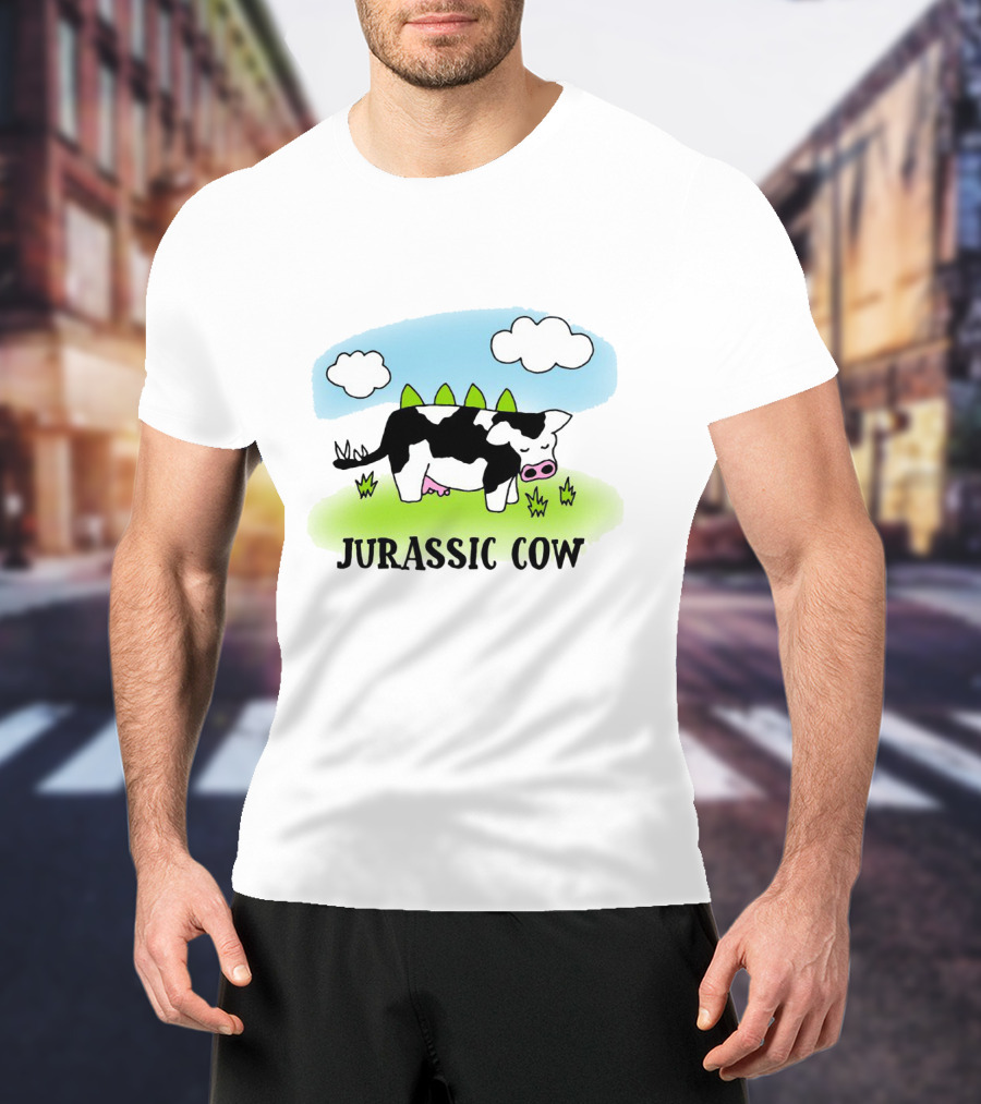 Jurassic Cow Grazing With Dinosaur Spikes Under Blue Sky And Clouds In Cartoon T-Shirt