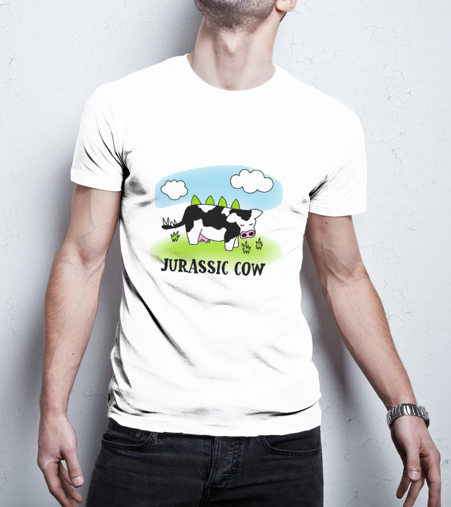 Jurassic Cow Grazing With Dinosaur Spikes Under Blue Sky And Clouds In Cartoon T-Shirt