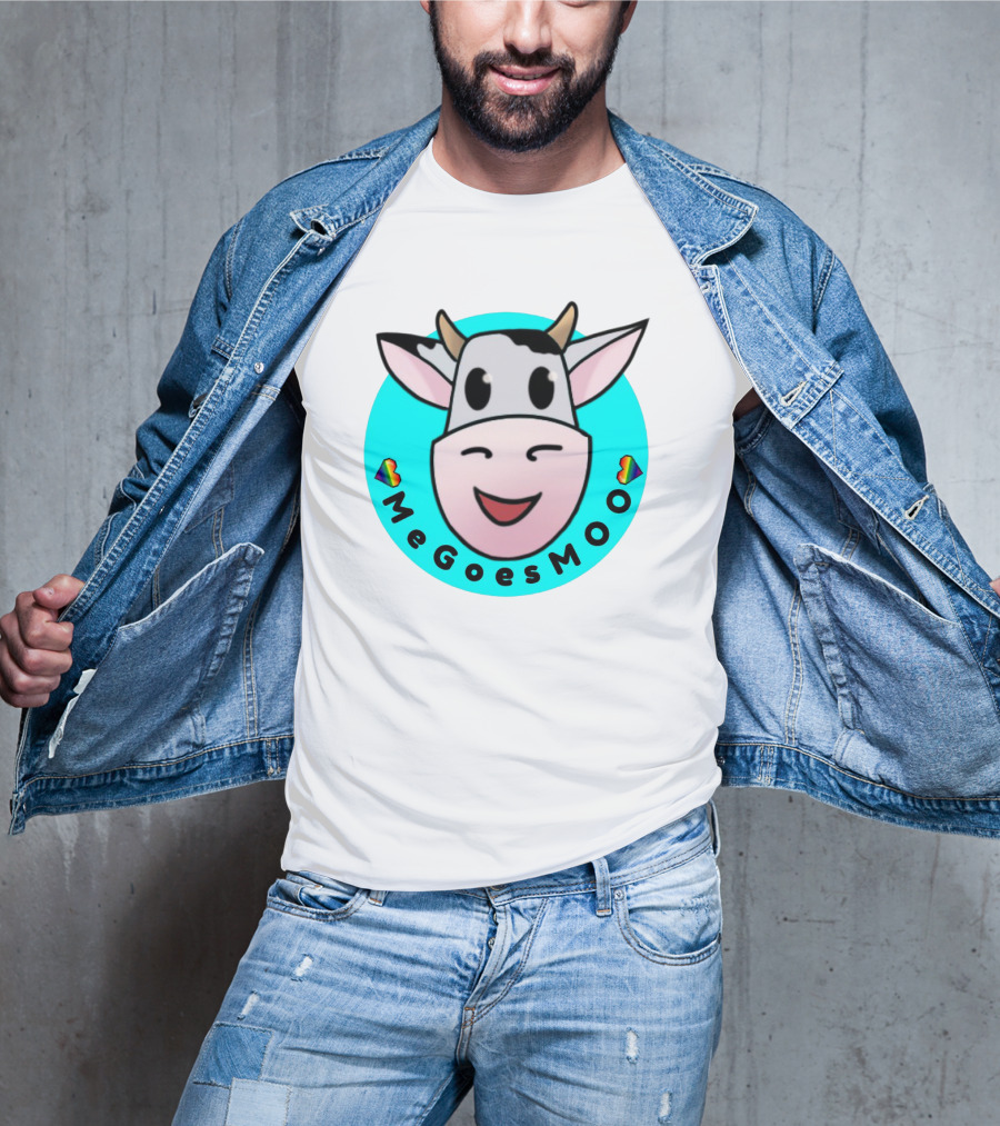 MeGoesMOO Cute Cow Face With Rainbow Hearts T-Shirt
