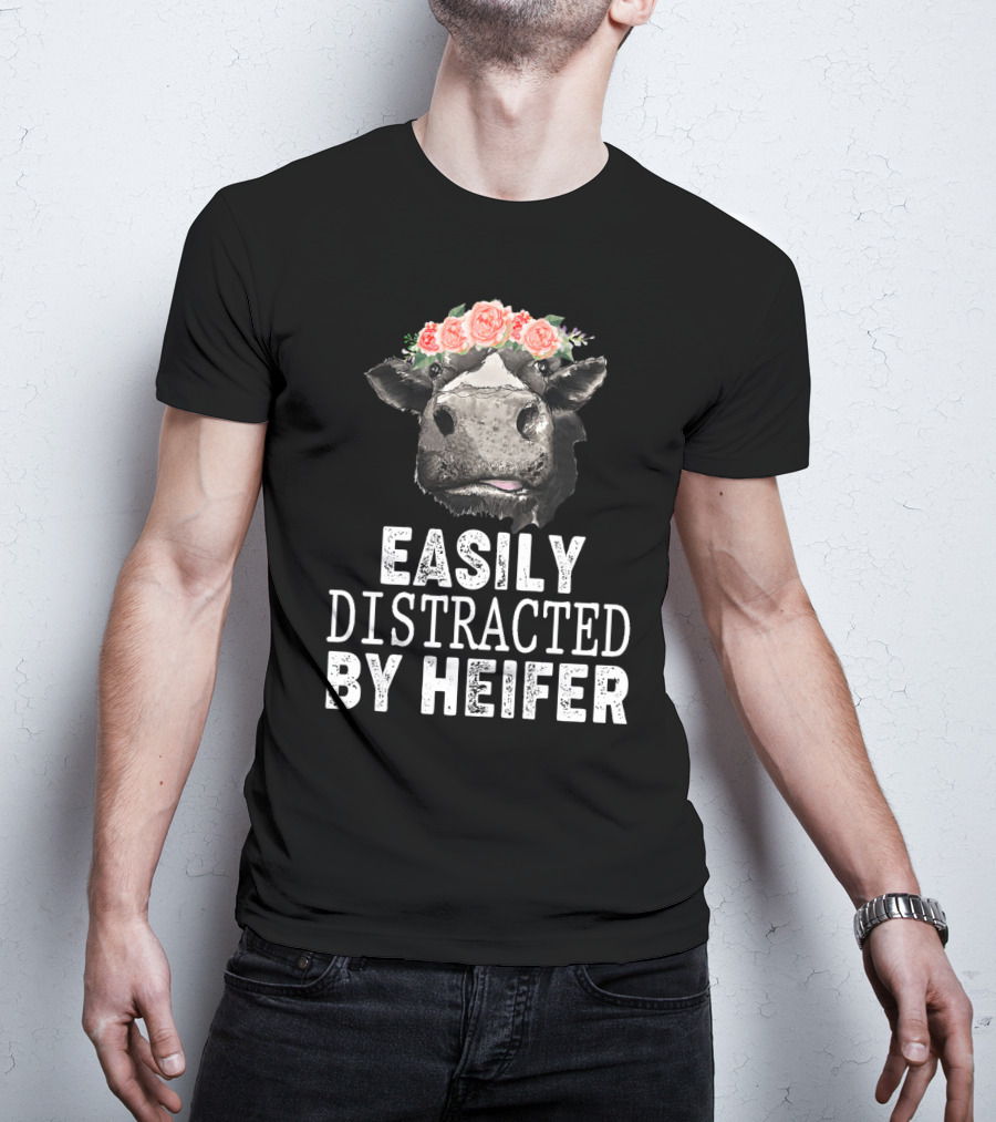 Easily Distracted By Heifer Floral Cow With Flower Crown T-Shirt