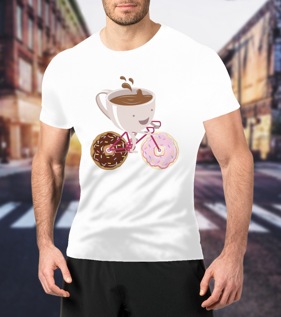 Happy Coffee Cup Riding Donut Bicycle Fun T-Shirt