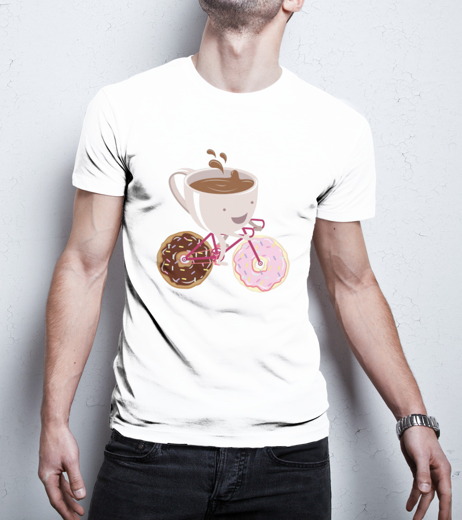 Happy Coffee Cup Riding Donut Bicycle Fun T-Shirt