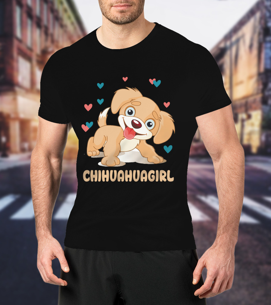 Chihuahuagirl Cute Cartoon Puppy Surrounded By Colorful Hearts T-Shirt