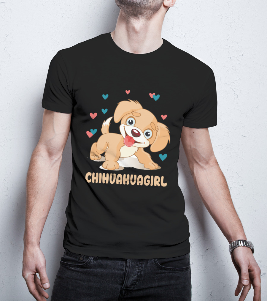 Chihuahuagirl Cute Cartoon Puppy Surrounded By Colorful Hearts T-Shirt