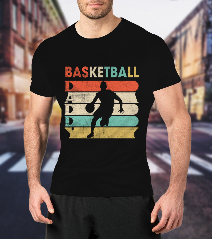 Basketball Daddy Retro Silhouette Player Vintage Stripes T-Shirt