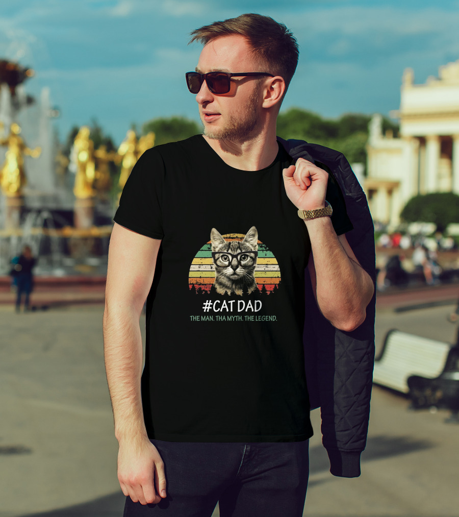 Cat Dad The Man Tha Myth The Legend Vintage Striped Glasses Cat T-Shirt