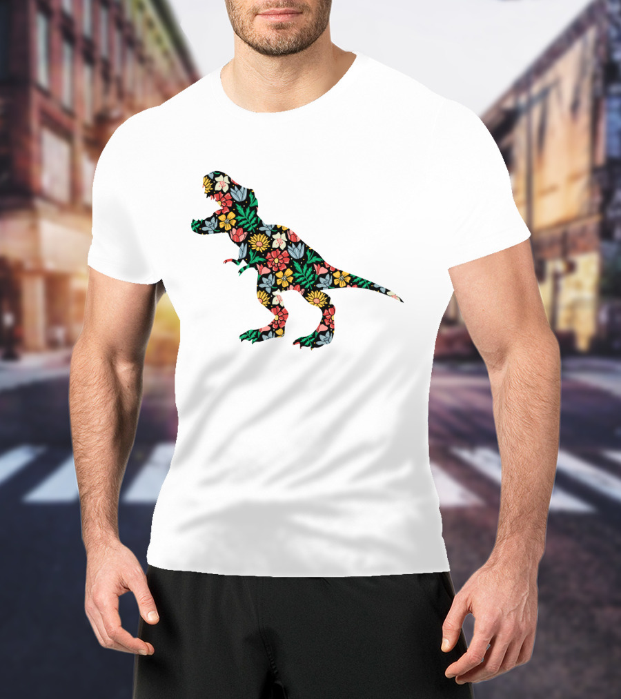 Floral Dinosaur Silhouette With Colorful Flowers T-Shirt