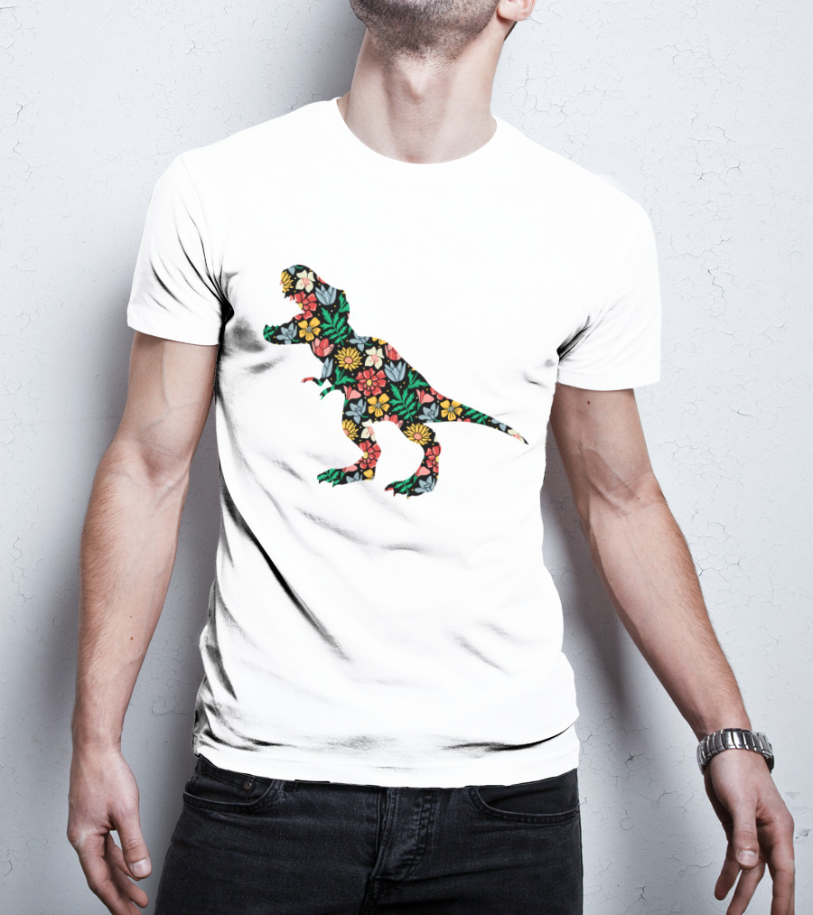 Floral Dinosaur Silhouette With Colorful Flowers T-Shirt