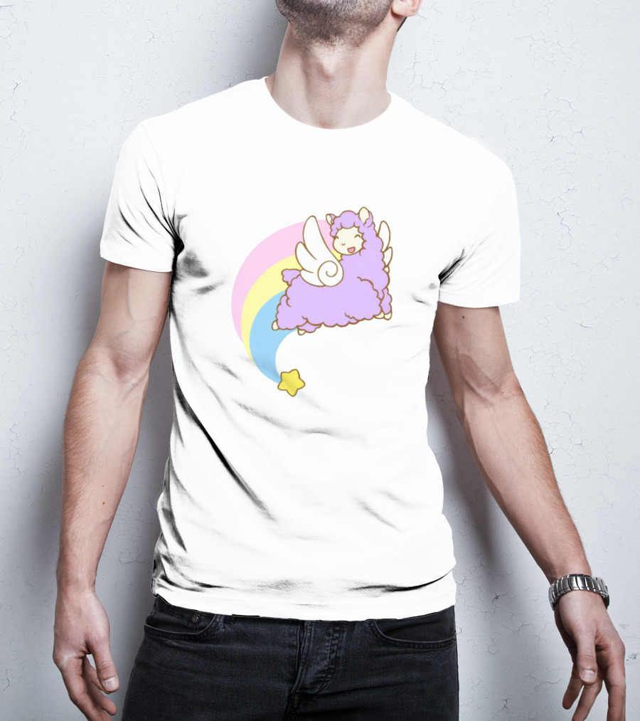 Flying Alpacasus: Winged Purple Alpaca With Rainbow And Star Trail T-Shirt
