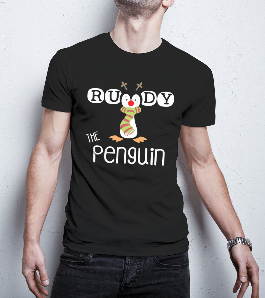 Rudy The Penguin With Antlers And Scarf Holiday T-Shirt