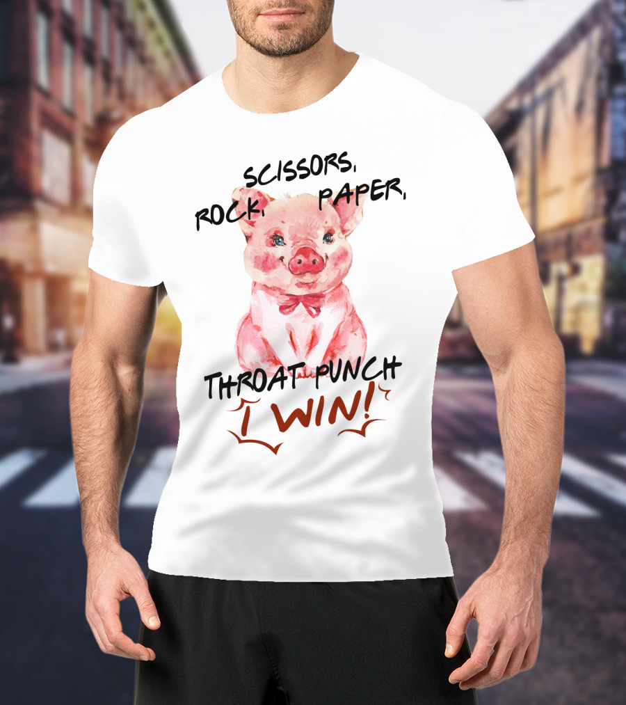 Scissors Rock Paper Throat Punch I Win Cute Pig Watercolor T-Shirt