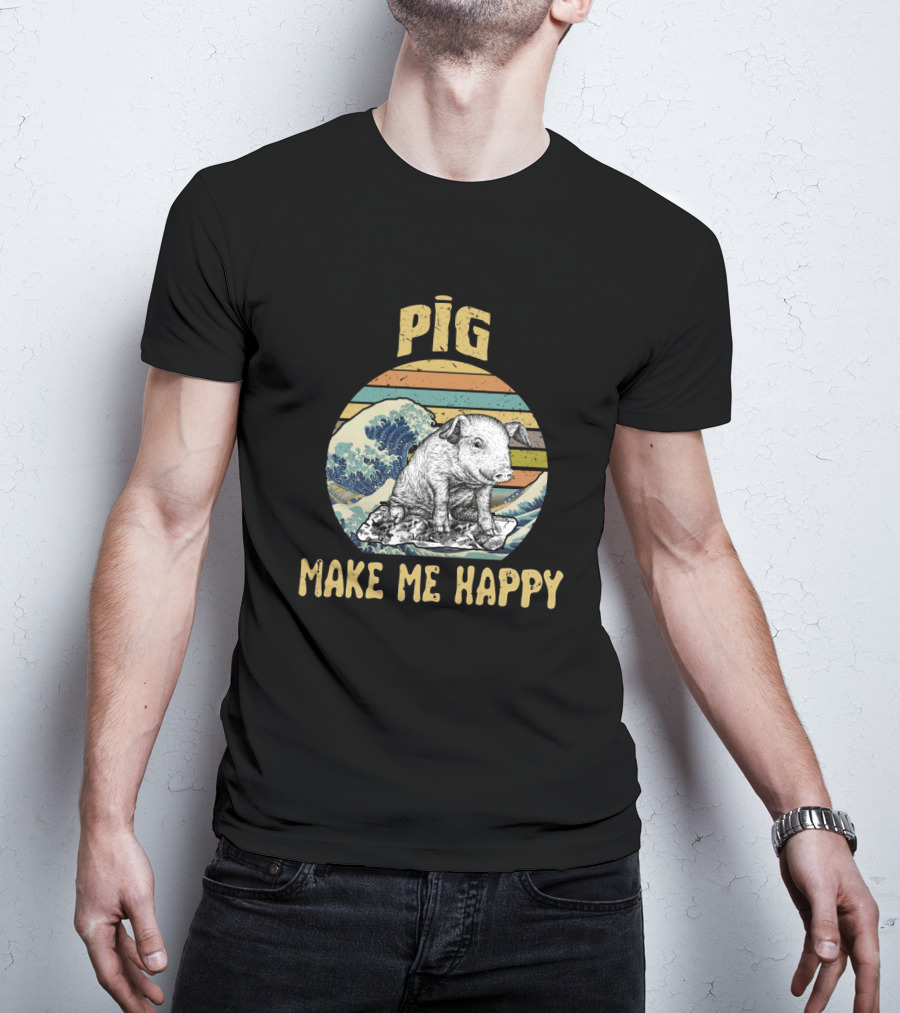Pig Make Me Happy Retro Wave T-Shirt