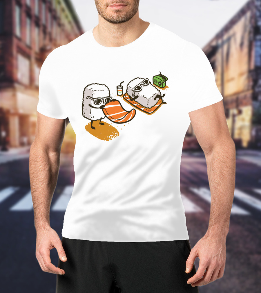 Sushi Chill Vibes: Cute Rice And Salmon Characters Relaxing With Shades And Radio T-Shirt