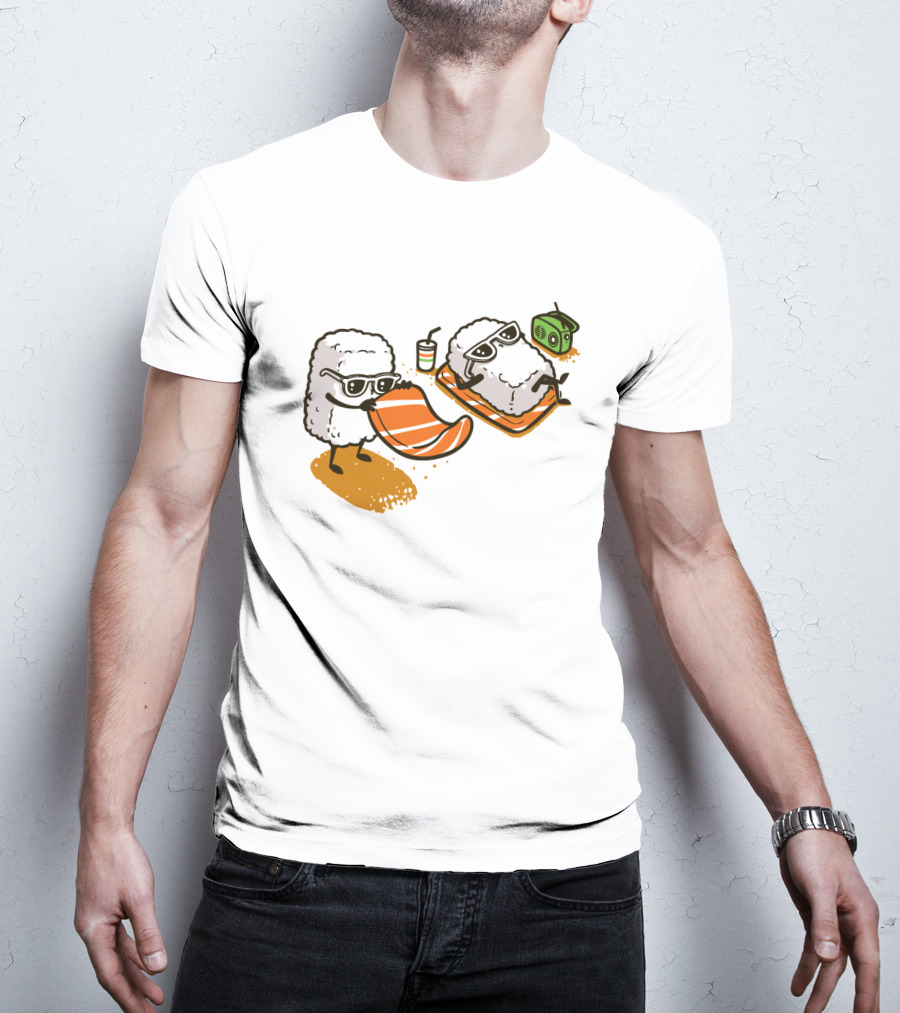 Sushi Chill Vibes: Cute Rice And Salmon Characters Relaxing With Shades And Radio T-Shirt