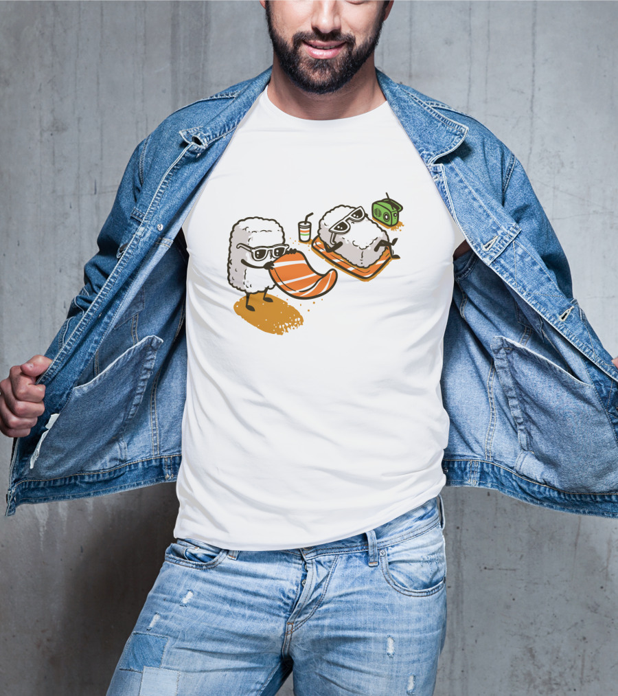 Sushi Chill Vibes: Cute Rice And Salmon Characters Relaxing With Shades And Radio T-Shirt
