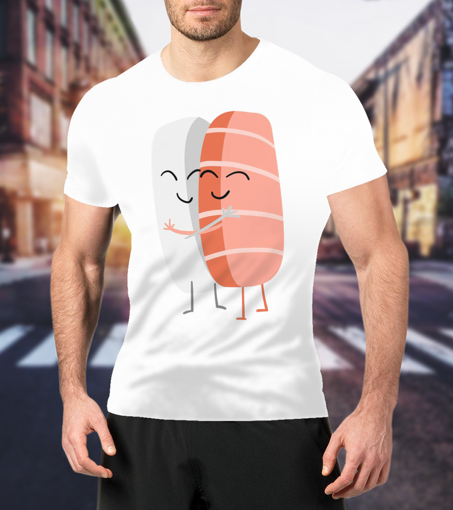 Kawaii Sushi Hugging Salmon Nigiri Cartoon T-Shirt