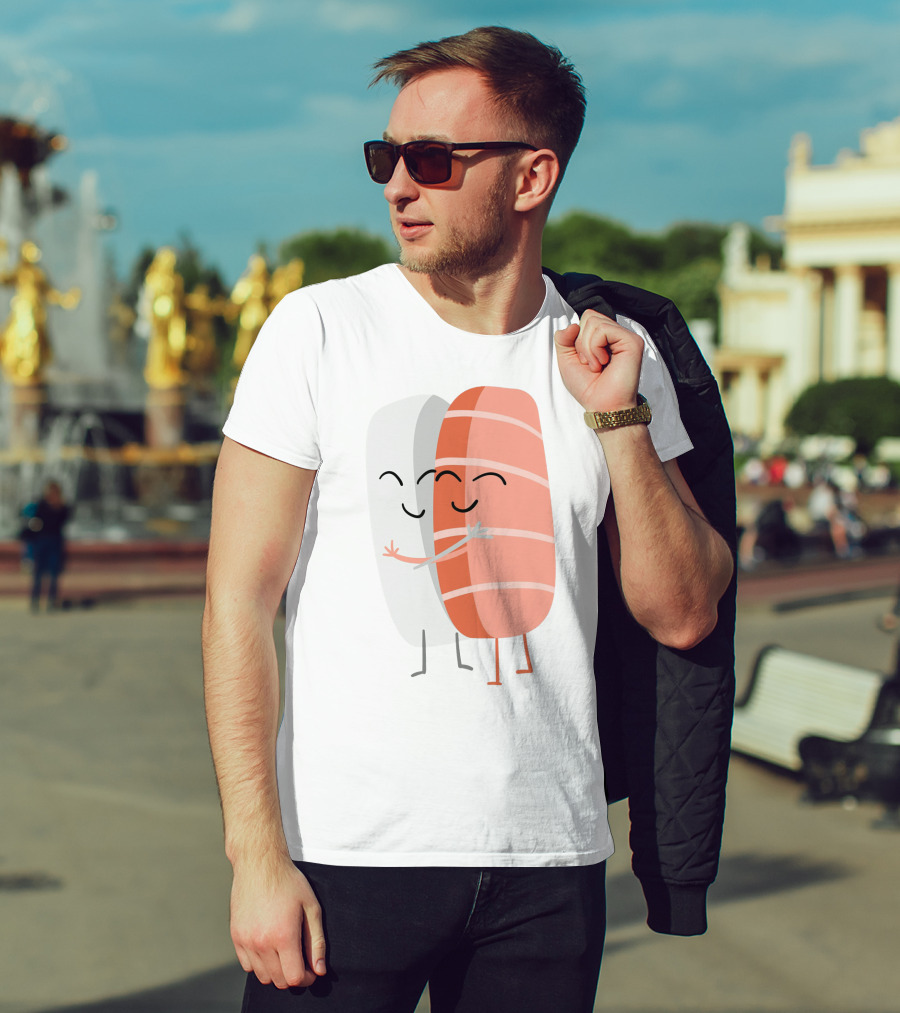 Kawaii Sushi Hugging Salmon Nigiri Cartoon T-Shirt