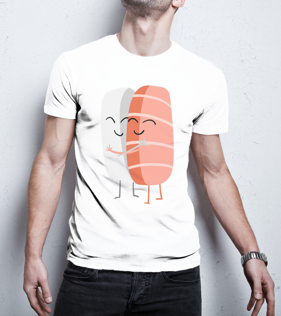 Kawaii Sushi Hugging Salmon Nigiri Cartoon T-Shirt