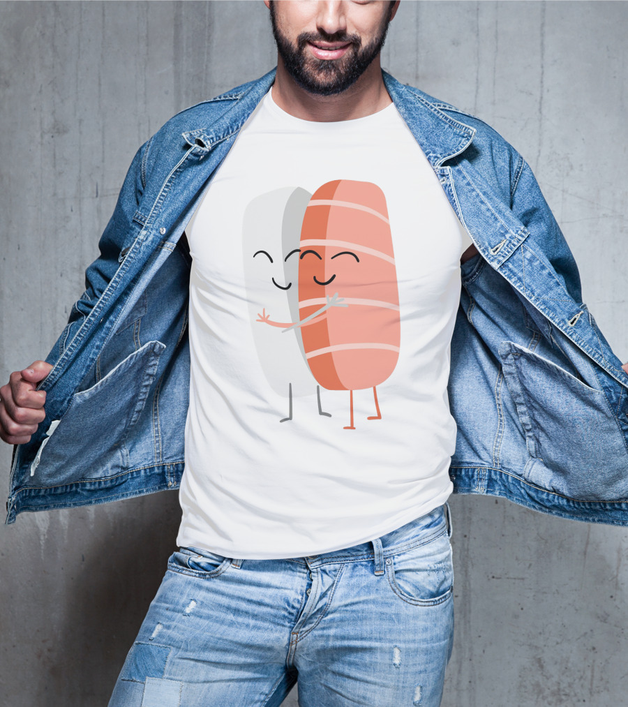 Kawaii Sushi Hugging Salmon Nigiri Cartoon T-Shirt