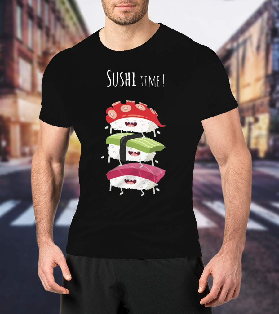 Sushi Time Funny Animated Sushi Stack With Smiling Rice Characters T-Shirt