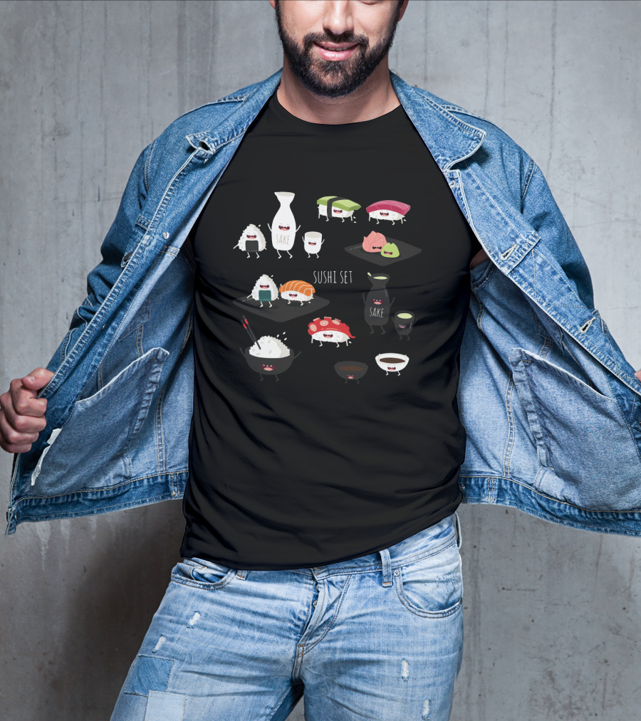 Sushi Set With Happy Sake Characters And Cute Cartoon Sushi Rolls T-Shirt