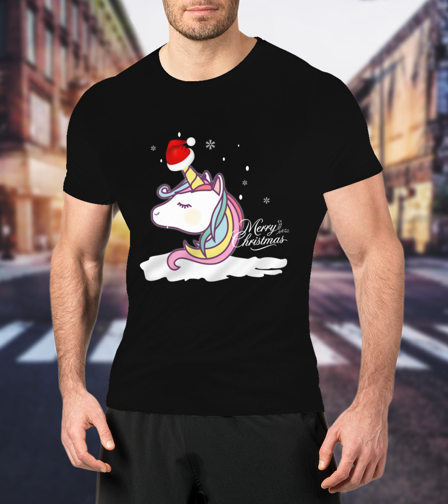 Merry Christmas Unicorn Santa Hat Snowflakes T-Shirt