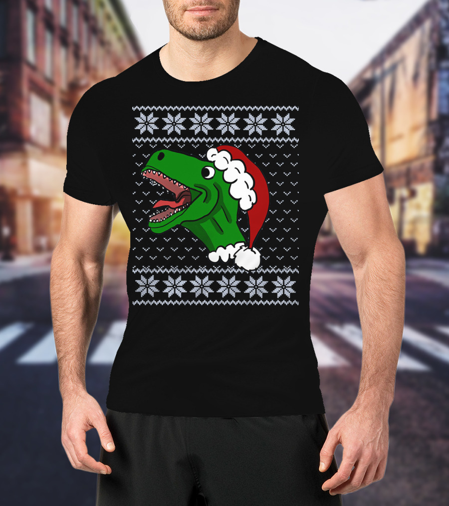 T Rex Christmas Ugly Sweater Santa Hat T-Shirt