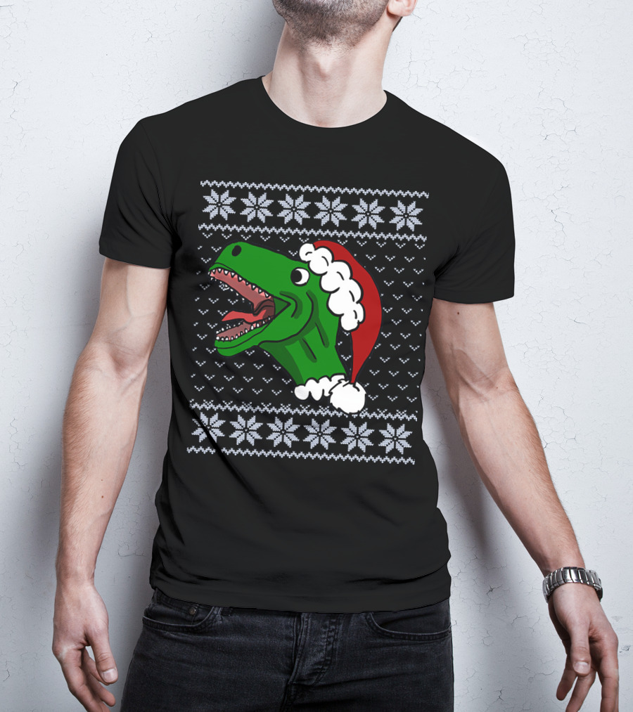 T Rex Christmas Ugly Sweater Santa Hat T-Shirt