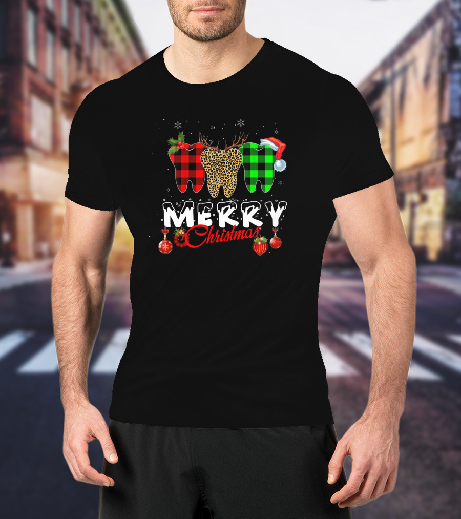 Merry Christmas Dentist Teeth Pattern Santa Hat T-Shirt