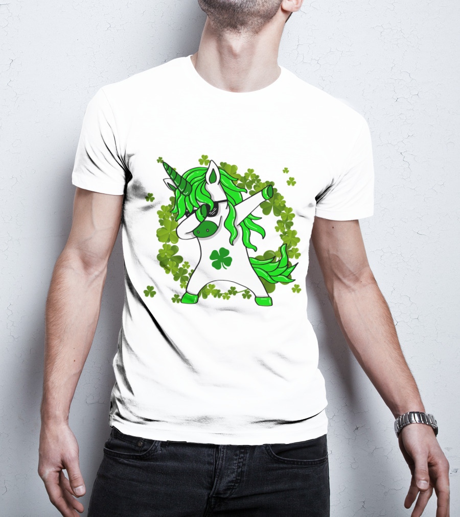 St. Patrick's Day Clover Unicorn Dabbing With Shamrock Mane Surrounded By Green Clovers T-Shirt