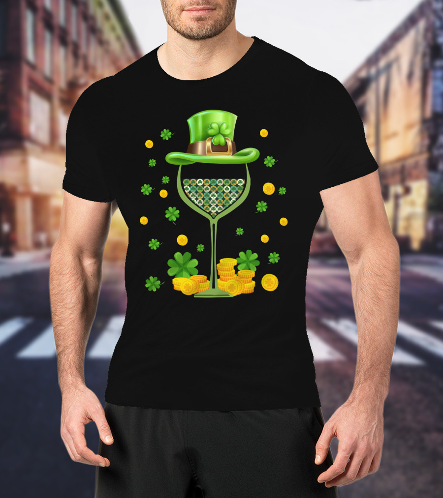 Patrick's Day Wine Glasses Leprechaun Hat Clover Coins T-Shirt