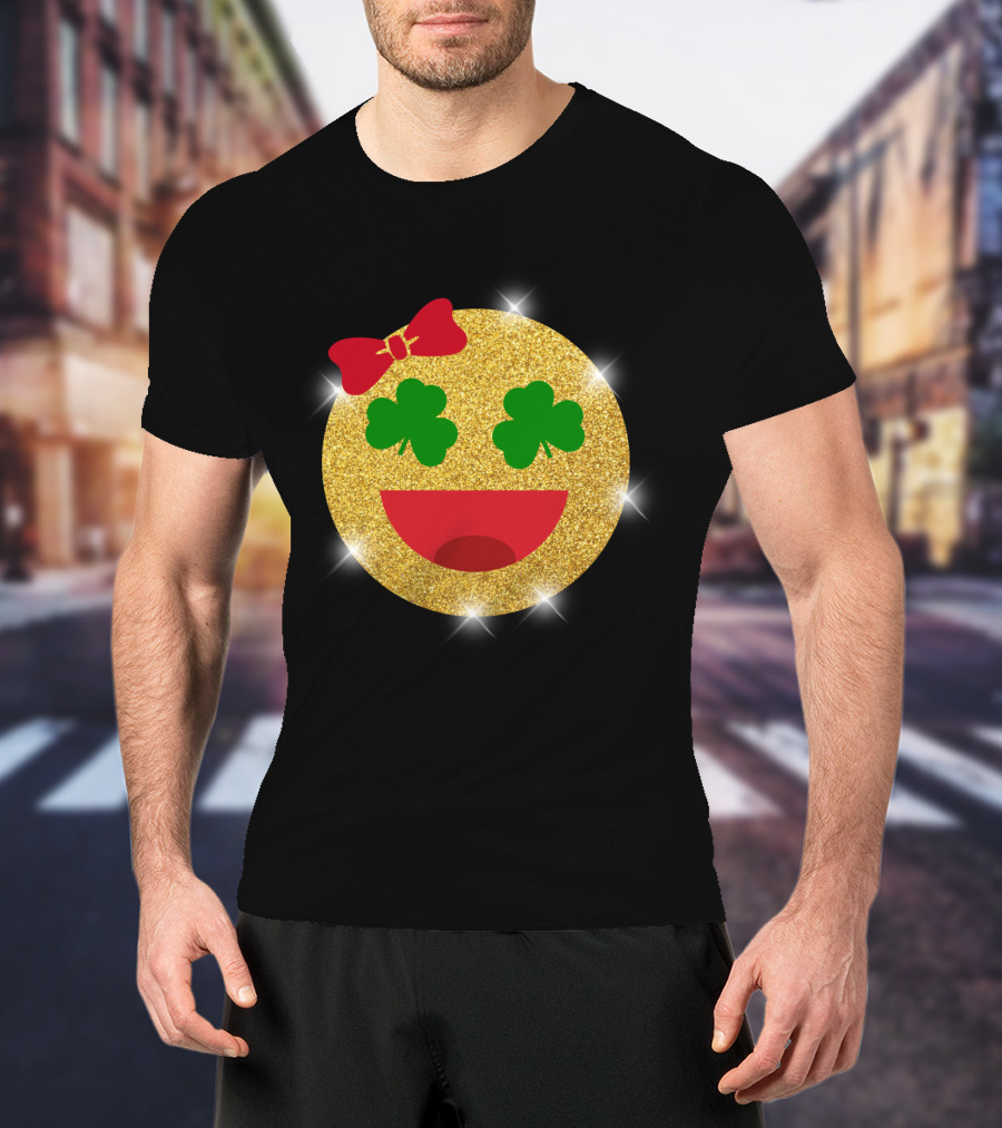 St Patrick's Day Glitter Shamrock Emoji Bow Smiley T-Shirt