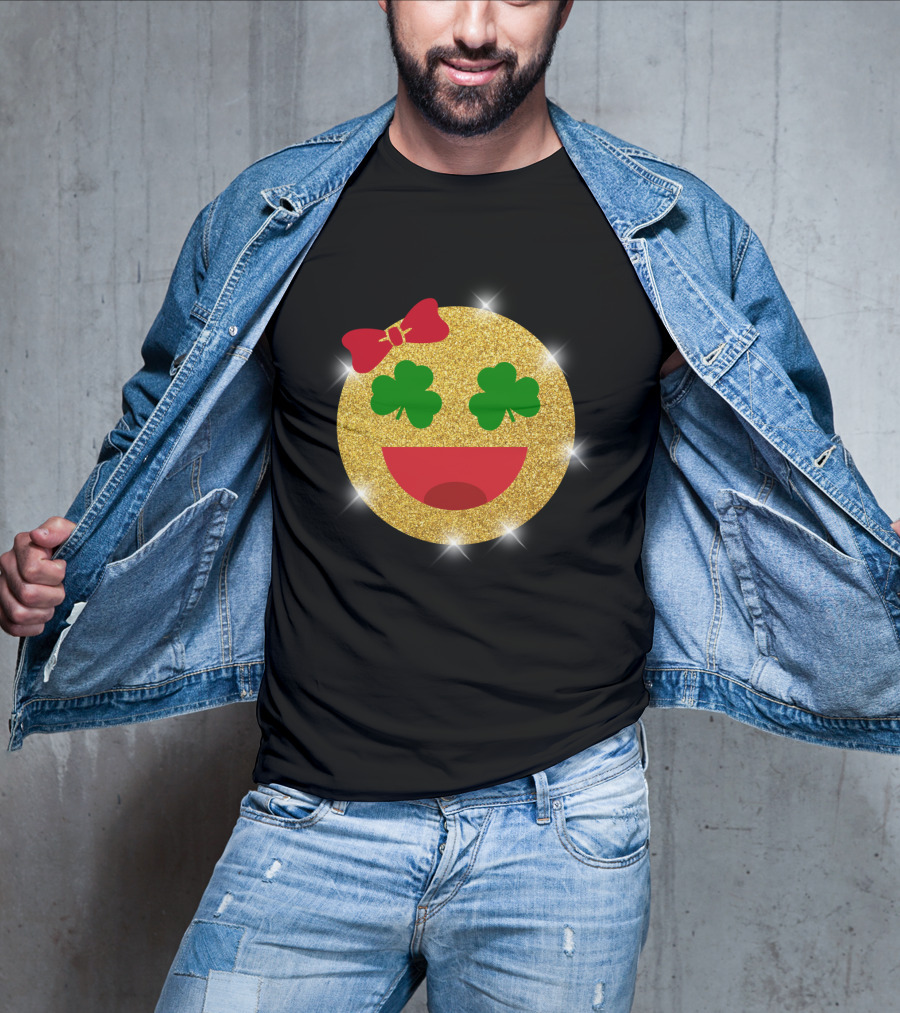 St Patrick's Day Glitter Shamrock Emoji Bow Smiley T-Shirt