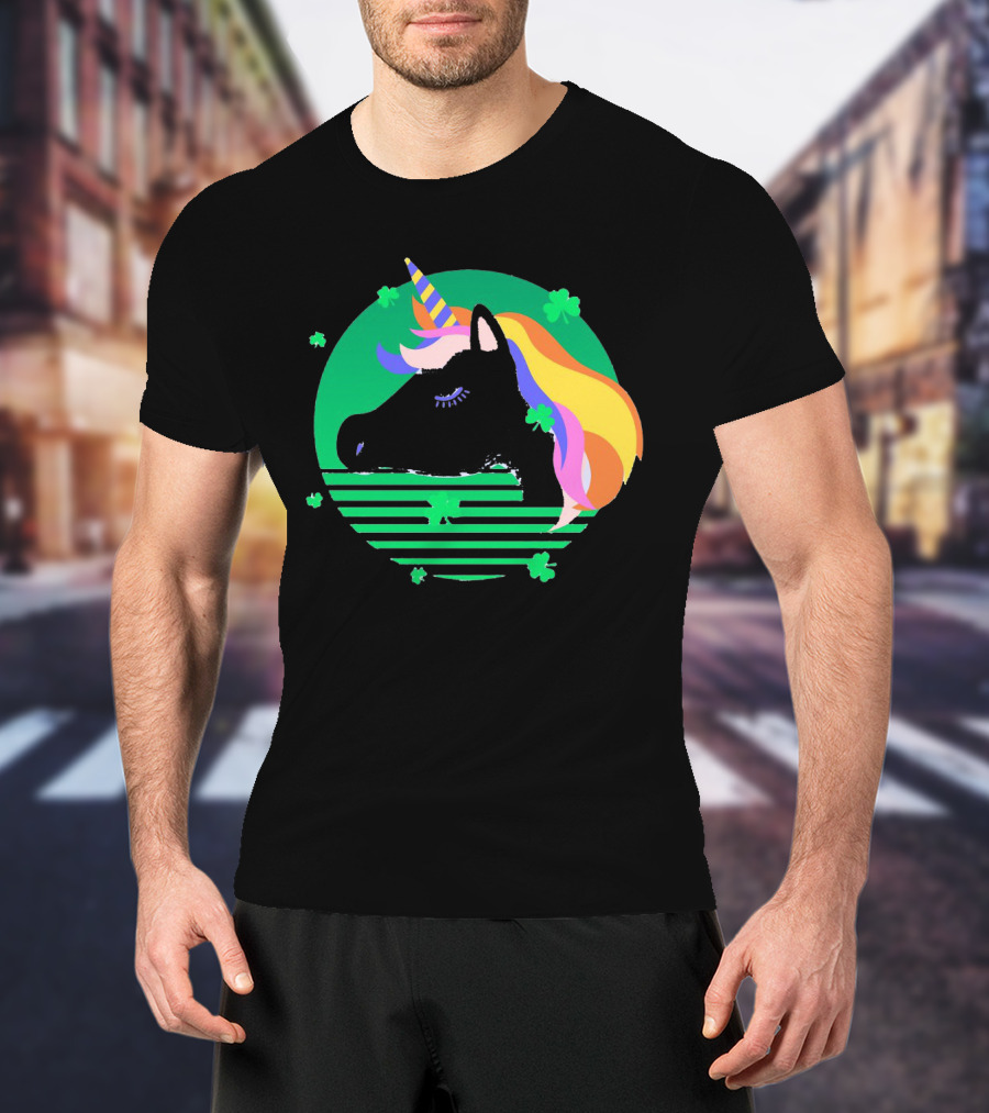 Rainbow Unicorn With Clover And Stripes St Patrick's Day T-Shirt