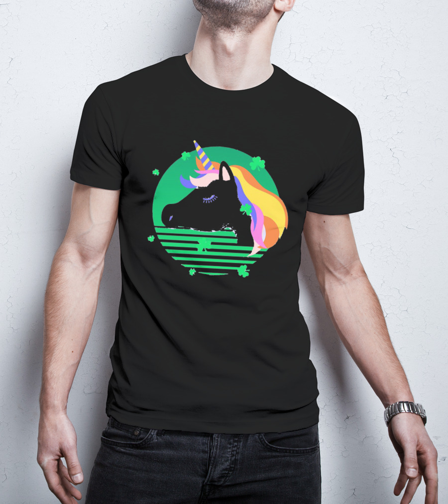 Rainbow Unicorn With Clover And Stripes St Patrick's Day T-Shirt