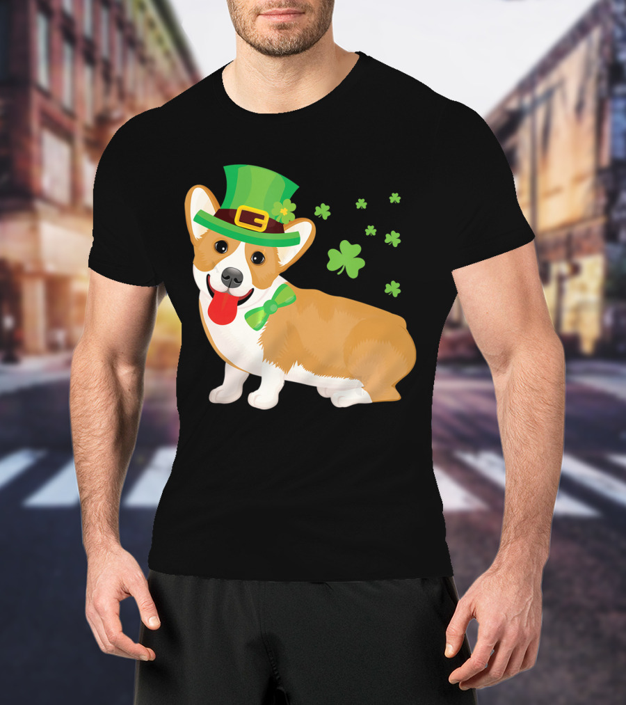 Corgi St Patrick's Day Lucky Shamrocks And Green Leprechaun Hat T-Shirt