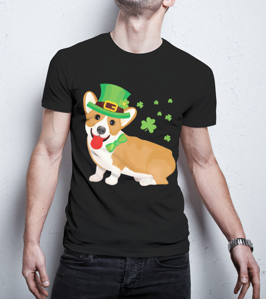 Corgi St Patrick's Day Lucky Shamrocks And Green Leprechaun Hat T-Shirt