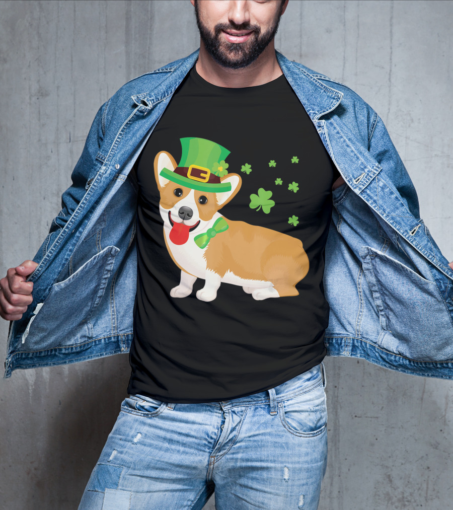 Corgi St Patrick's Day Lucky Shamrocks And Green Leprechaun Hat T-Shirt