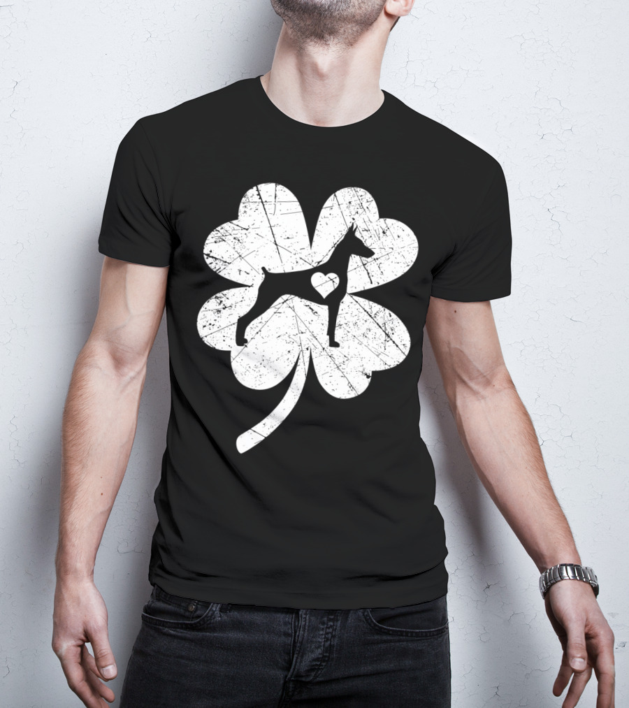 Doberman Silhouette Heart Shamrock Clover St Patricks Day Irish T-Shirt