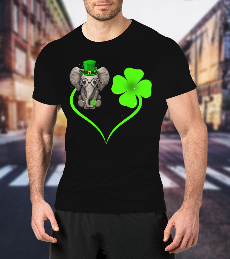 Elephant Wearing St. Patrick's Day Hat With Four-Leaf Clover And Heart-Shaped Shamrock Love T-Shirt