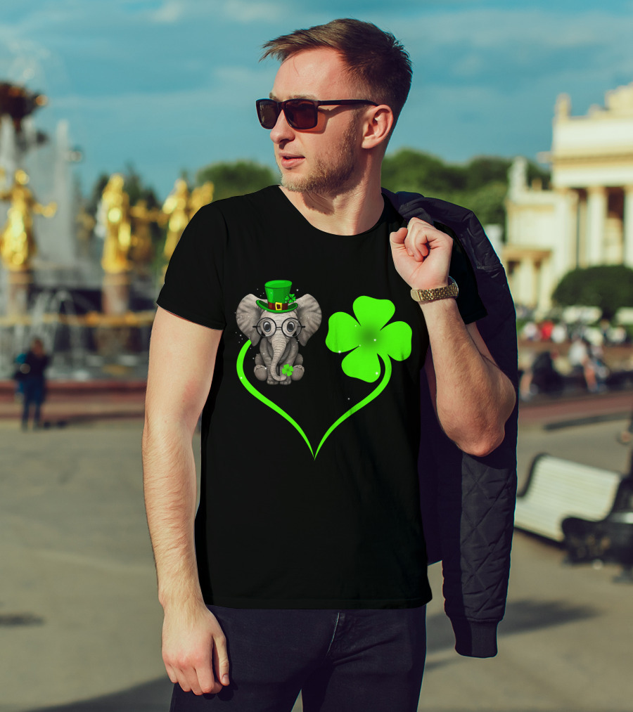 Elephant Wearing St. Patrick's Day Hat With Four-Leaf Clover And Heart-Shaped Shamrock Love T-Shirt