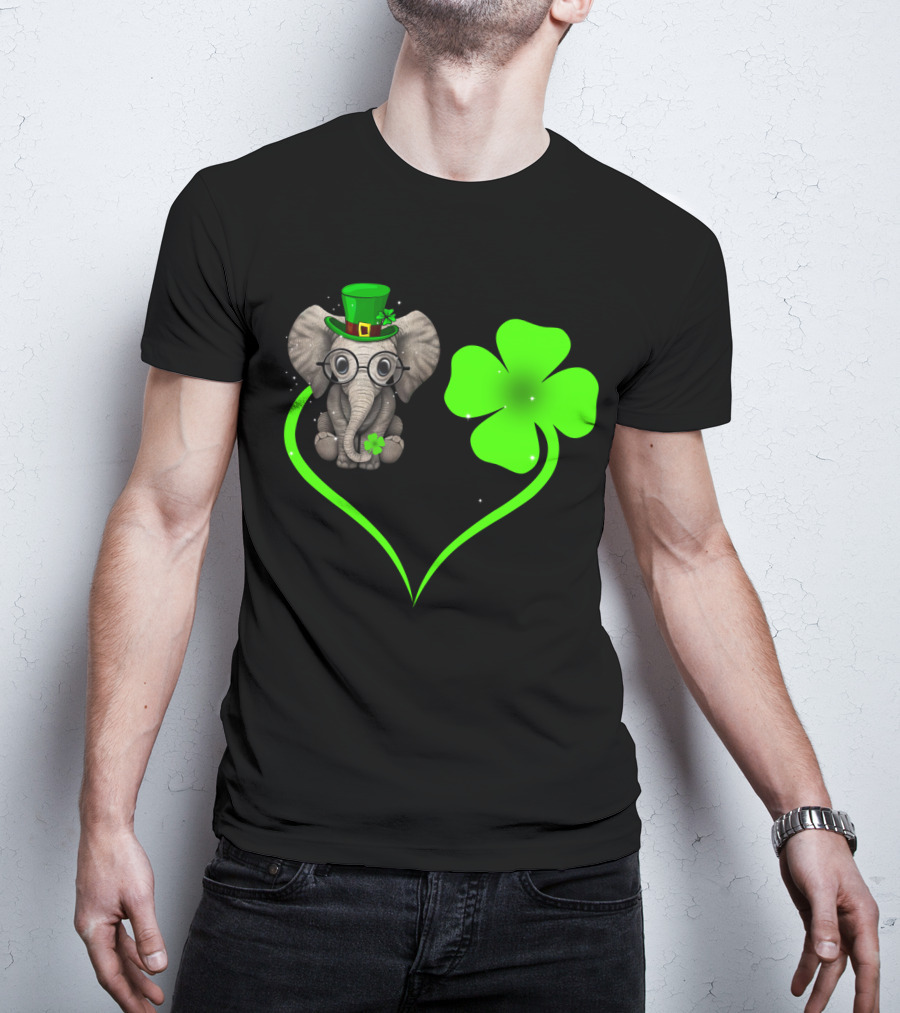 Elephant Wearing St. Patrick's Day Hat With Four-Leaf Clover And Heart-Shaped Shamrock Love T-Shirt