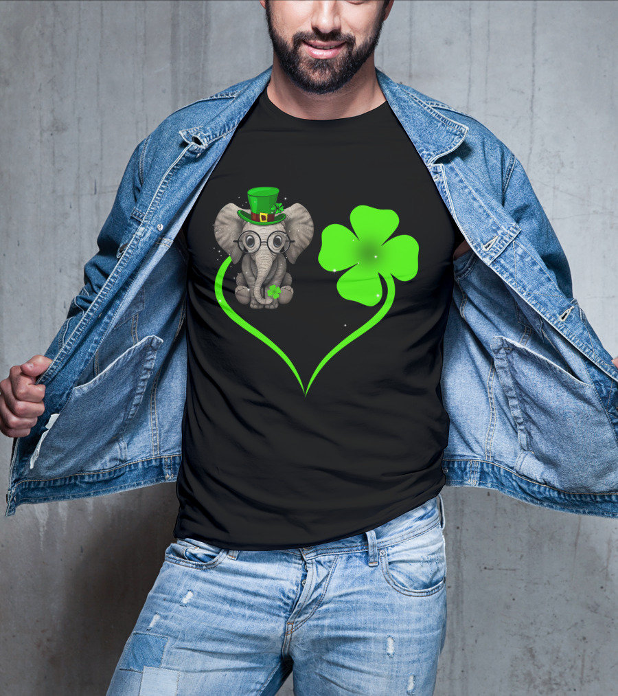 Elephant Wearing St. Patrick's Day Hat With Four-Leaf Clover And Heart-Shaped Shamrock Love T-Shirt