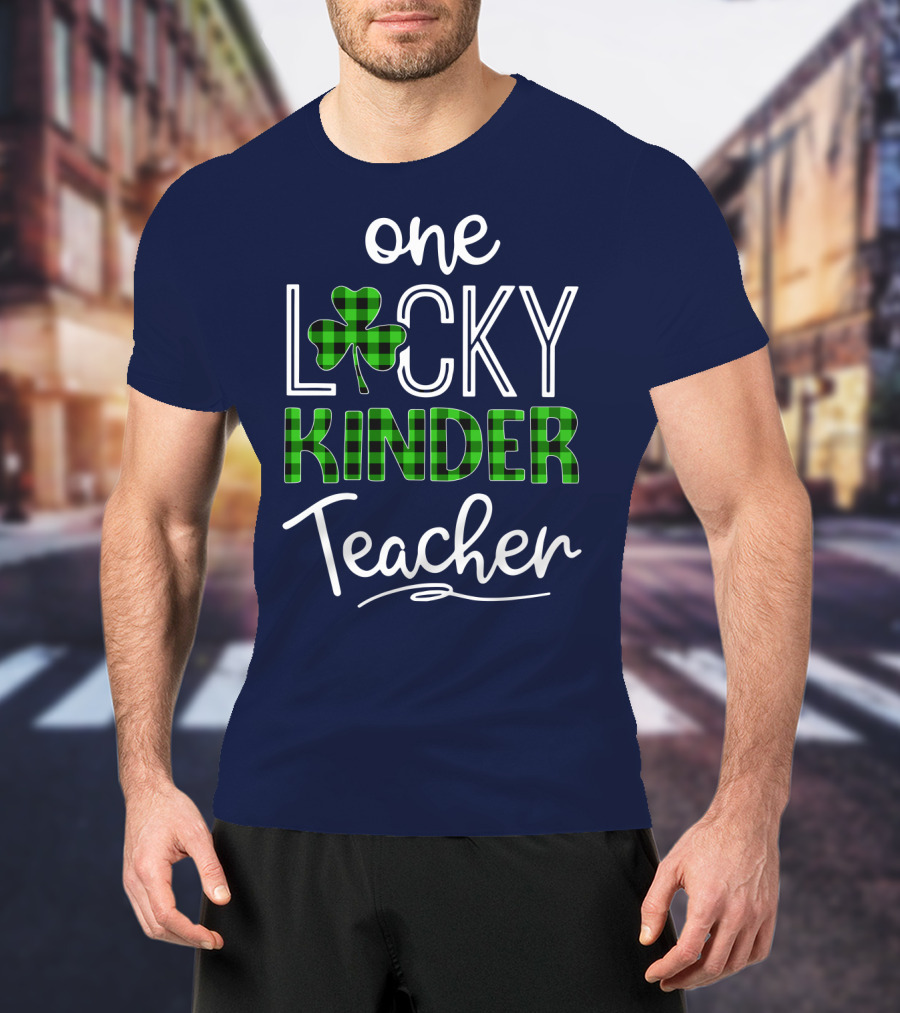 One Lucky Kinder Teacher Shamrock Plaid T-Shirt