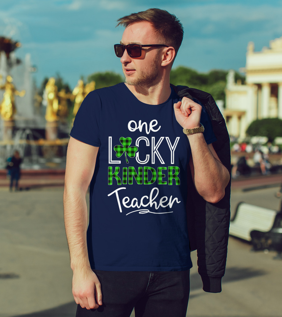 One Lucky Kinder Teacher Shamrock Plaid T-Shirt