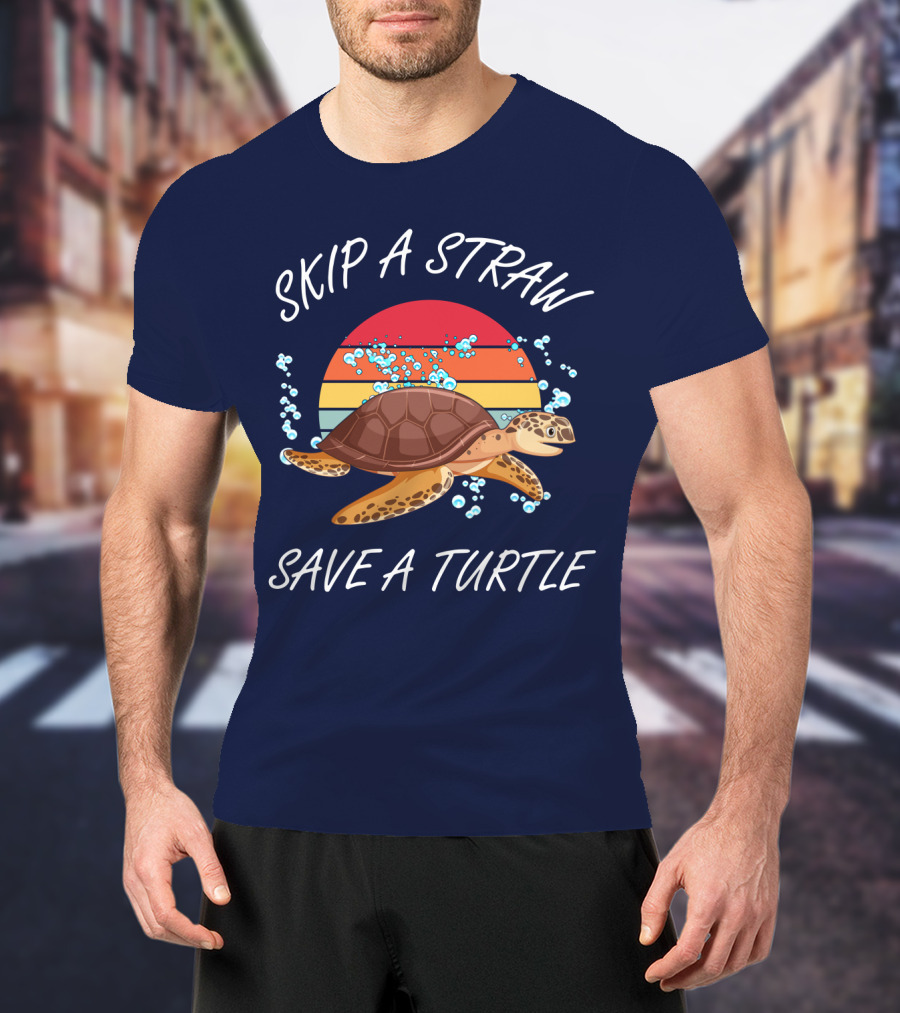 Skip A Straw Save A Turtle Retro Sunset Ocean T-Shirt