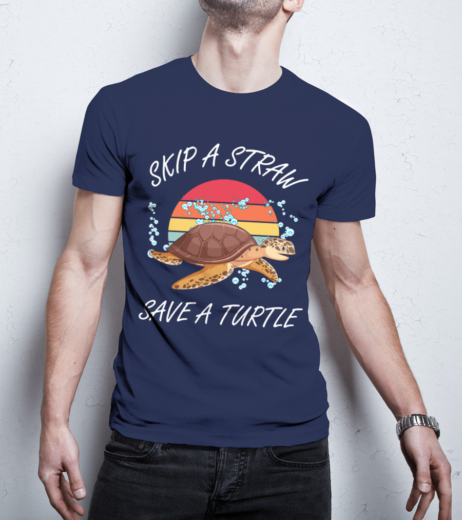 Skip A Straw Save A Turtle Retro Sunset Ocean T-Shirt
